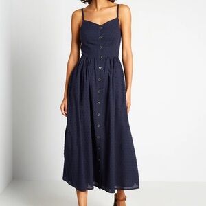 Modcloth Quite Clearly Charismatic Midi Dress Sz 4 Navy Blue Swiss Dot Button Up